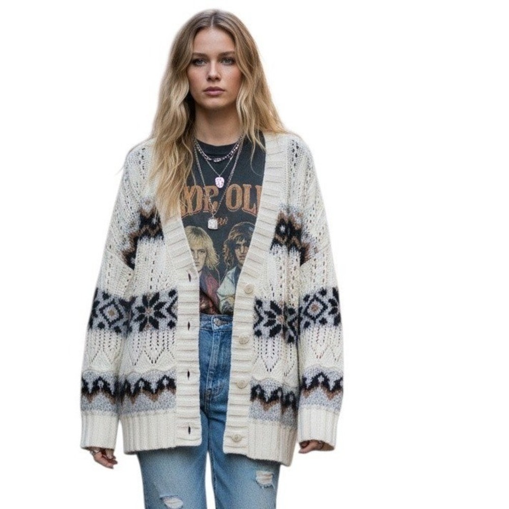 Cozy Co Fair Isle Geometric Women size M/L Cable Knit Oversized Varsity Cardigan